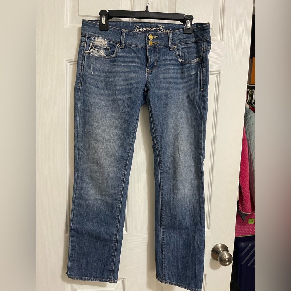American Eagle Outfitters Straight Leg Jeans - Medium Blue Distressed